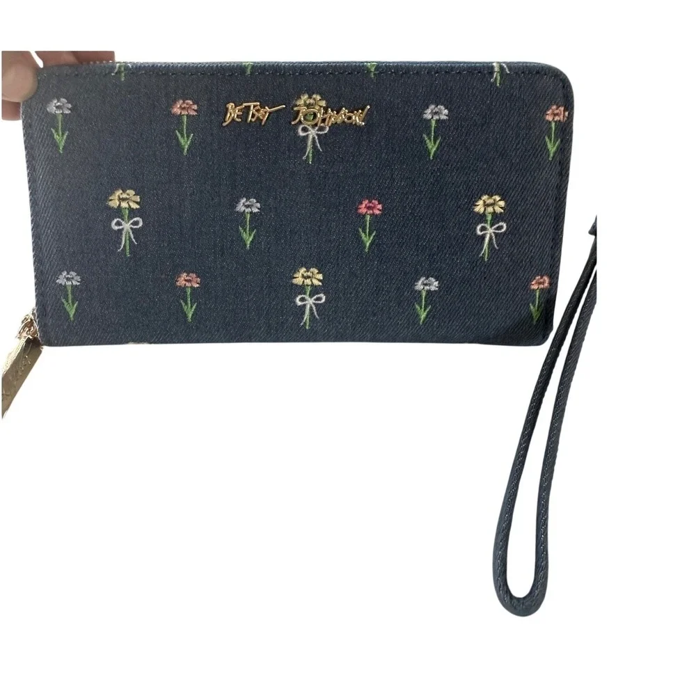 Betsey‎ Johnson Denim Wallet Wristlet Floral Embroidered Y2K Kitschy Boho NWT